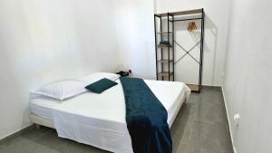 ル・ヴォクランにあるLa Fleur Doré F3 Le Vauclinのベッドルーム1室(白いベッド1台、青い毛布付)