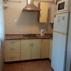 een keuken met een fornuis en een witte koelkast bij Мономаха 27 Центр in Dnipro