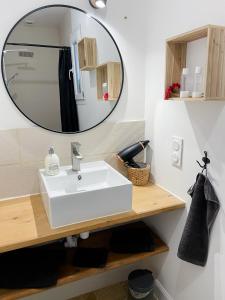 a bathroom with a white sink and a mirror at Le Clos Bertin in Néac