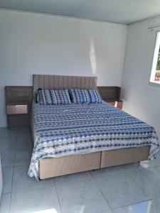 ein Schlafzimmer mit einem Bett mit einer blauen Bettdecke in der Unterkunft Pousada da Mari in São Gabriel