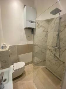 a bathroom with a toilet and a shower at Altstadt Elegance in Graz Ostbahnhof +3 photos