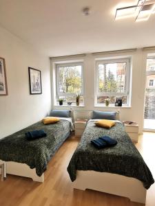two beds in a room with two windows at Appartement direkt am Fluss Nähe Zentrum in Coburg