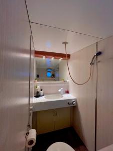 Un baño con lavabo, inodoro y espejo. en Yacht idéalement situé au coeur du Vieux-Port, en Marsella