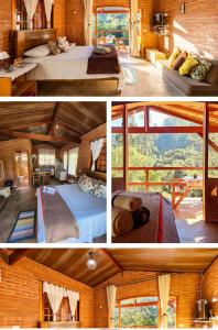 若阿诺波利斯Chale Bamboo Sitio Bagre Pinheiro的房屋内卧室的两张照片