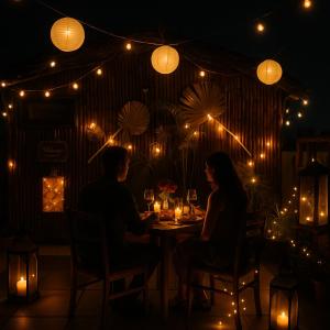 Urban homestay volcastay في Zirakpur: رجل وامرأة يجلسون على طاولة مع أضواء