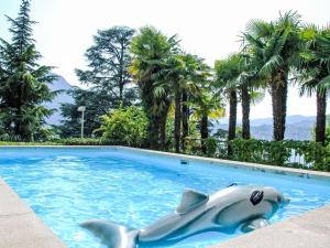 a dolphin swimming in a pool with palm trees at Studio Vista Lago by Interhome in Castagnola