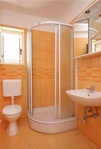 a bathroom with a shower and a toilet and a sink at Kleines Apartment Emil Vanily in Murter