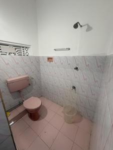 a bathroom with a pink toilet and a shower at Urban Minz in Mūvattupula