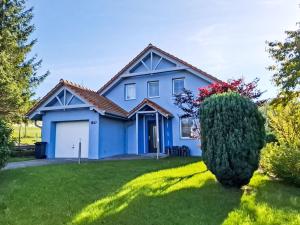 a blue house with a green yard at Holiday Home Hostyn Hills by Interhome in Bystřice pod Hostýnem
