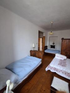 Un dormitorio con dos camas y una mesa. en Dům u Giordanu, en Slavonice