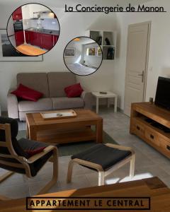 a living room with a couch and a table and a mirror at Appartement Le Central in Labergement-Sainte-Marie
