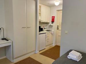a small kitchen with white cabinets and a counter at Kotimaailma Villa Hortus - Cosy Studio for 2 in Turku