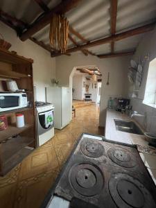 a kitchen with a stove and a refrigerator at La Gruta Glamping in Fúquene