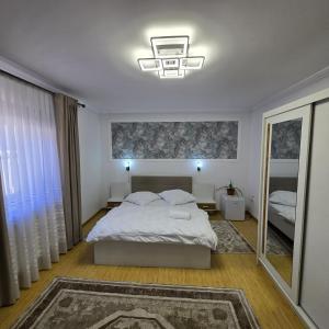 Un dormitorio con una cama y un espejo grande. en Casa cu Flori Moisei, en Moisei