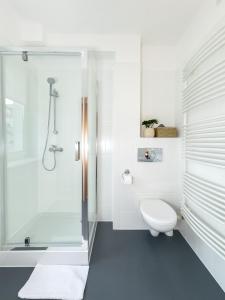 别尔斯克-比亚拉HARCERSKA 7 Pokoje Bielsko Biała的带淋浴和卫生间的白色浴室