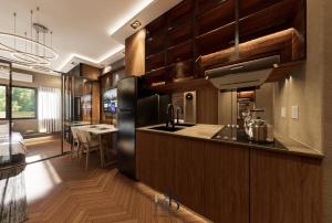 a kitchen with wooden cabinets and a dining room at Premium Unit in Maldives in Manila