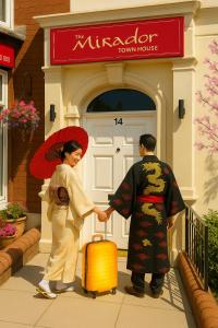 a man and woman holding hands in front of a town house at Have tonights dreams wrapped in Chinese silk in Swansea