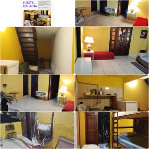 a collage of four pictures of a room at Hostel da Luna in Paraty