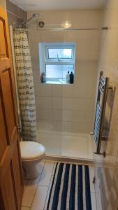 a bathroom with a toilet and a shower and a window at Edwardian House in Manchester