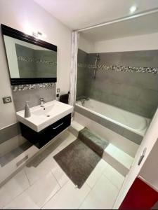 a bathroom with a sink and a tub and a mirror at Le repaire d'Antibes atypique proche parc et mer in Juan-les-Pins