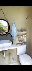 une salle de bain avec toilettes, lavabo et miroir dans l'établissement Casa Monã - Praia de Tatuamunha - Serviços Inclusos, à Porto de Pedras