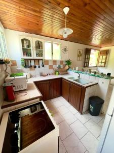 a large kitchen with a wooden ceiling and wooden cabinets at Maison de charme au Robert avec spa et vue sur mer in Le Robert