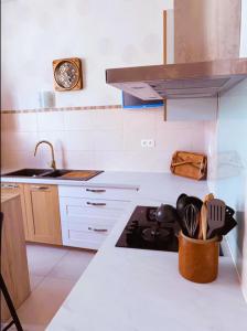 eine weiße Küche mit Herd und Spüle in der Unterkunft Jolie maison 6 pers spa privé wifi 14 km Beauval in Meusnes