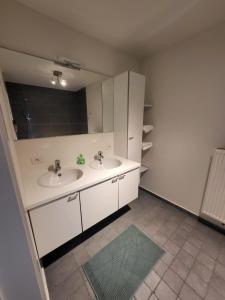 une salle de bain blanche avec deux lavabos et un miroir dans l'établissement Ruim appartement met terras, à Gand