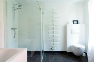 a white bathroom with a shower and a toilet at Idyllic Home Between Fields And Elbe Dyke in Seehausen +29 photos