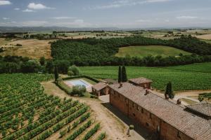 eine Luftansicht eines Hauses und eines Weinbergs in der Unterkunft Agriturismo Terra Rossa in Valiano
