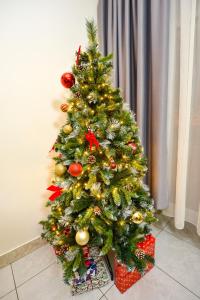 een kerstboom met versieringen erop bij Bucharest Christmas Decorated City Center Villa in Boekarest