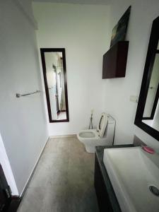 une salle de bain avec toilettes, lavabo et miroir dans l'établissement The Triantha, 
