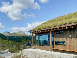 ein Bild eines Hauses mit einem Grasdach in der Unterkunft Modern Family Cabin By The Ski Trail In Tuddal in Tuddal