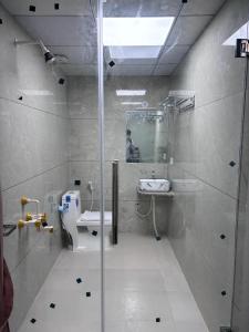 a bathroom with a shower and a toilet and a sink at NR Hotel in Rīngas