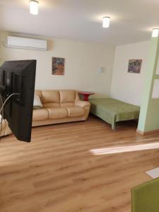 un soggiorno con divano e TV a schermo piatto di Солнечная Набережная 6 a Dnipro