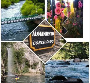 eine Fotocollage eines Flusses mit einem Schild in der Unterkunft Alojamiento Corcovado in El Corcovado + 8 Fotos