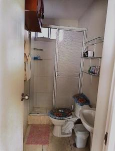 une salle de bains avec douche, toilettes et lavabo dans l'établissement Casa en Lambayeque, à Lambayeque