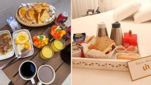 a table with breakfast foods and drinks on it at Sensacional Suíte no Union no Jacaré! in Ilha da Restinga