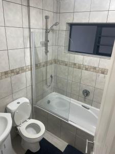 a bathroom with a toilet and a shower and a sink at Blouberg Beach Gem 5 Min Walk in Cape Town +11 photos