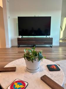 a living room with a tv and a table with a potted plant at Luxe Home Near DTLA & Dodgers with Rooftop in Los Angeles