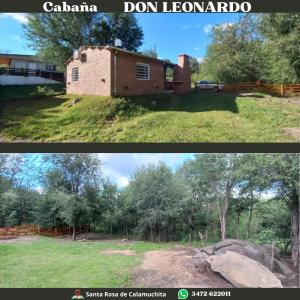 two pictures of a building on a grass field at Cabaña Don Leonardo in Santa Rosa de Calamuchita