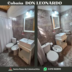 two pictures of a bathroom with two toilets and a sink at Cabaña Don Leonardo in Santa Rosa de Calamuchita