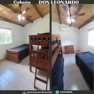a room with two bunk beds and a ceiling at Cabaña Don Leonardo in Santa Rosa de Calamuchita