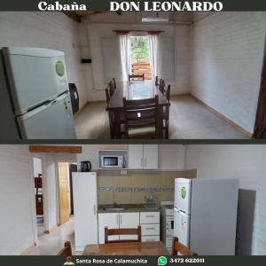 a kitchen and a dining room with a white refrigerator at Cabaña Don Leonardo in Santa Rosa de Calamuchita