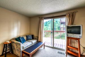 een woonkamer met een bank en een flatscreen-tv bij Bogus Basin Comfort -226 D in Bogus Basin