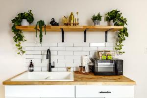 a kitchen counter with a sink and some plants at Jungle House Columbus - Luxury Downtown Homes Free Parking in Columbus