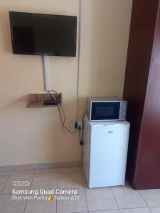 a tv sitting on top of a small refrigerator at Mthembu Executive Accomodation in Standerton