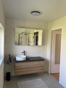 ein Badezimmer mit Waschbecken und Spiegel in der Unterkunft Wohnung am Attersee in Steinbach am Attersee