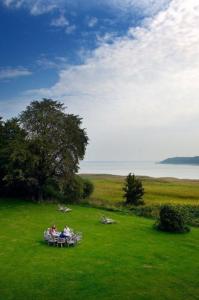 two people sitting on a bench in a field at Wohnung Im Zweiten Obergeschoss Des Gutshauses in Neuenkirchen +6 photos