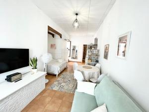 a living room with a couch and a tv at Charming Andalusian Loft in Vejer de la Frontera